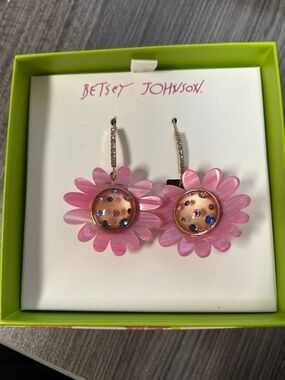 Betsey Johnson Pink Floral Hoop Drop Earrings with Blue Accents